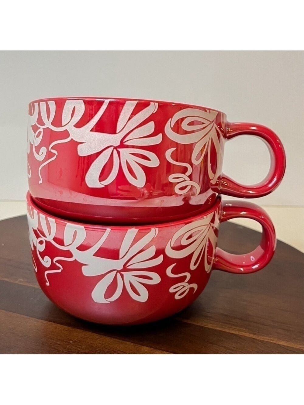 Starbucks 2023 Holiday Red Ribbon Bow Ceramic Mug Set of 2 New 16 oz